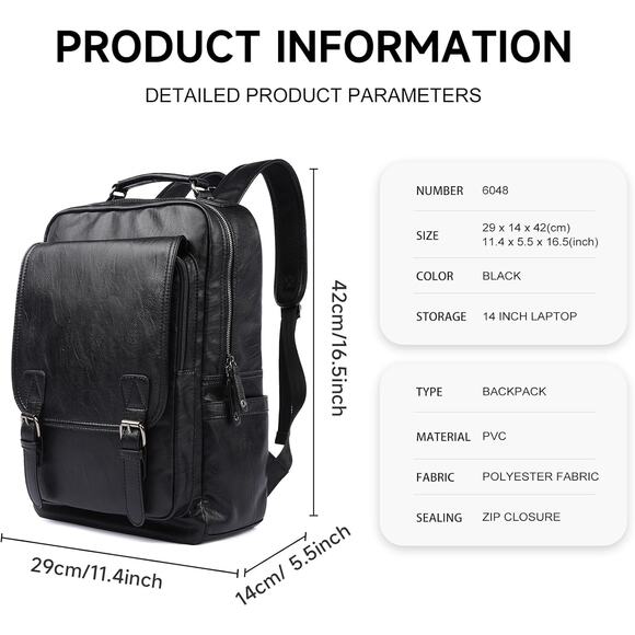 Leather Travel Laptop Backpack For Men Fit 15.6" Waterproof Vintage Backpack - Picture 3 of 5